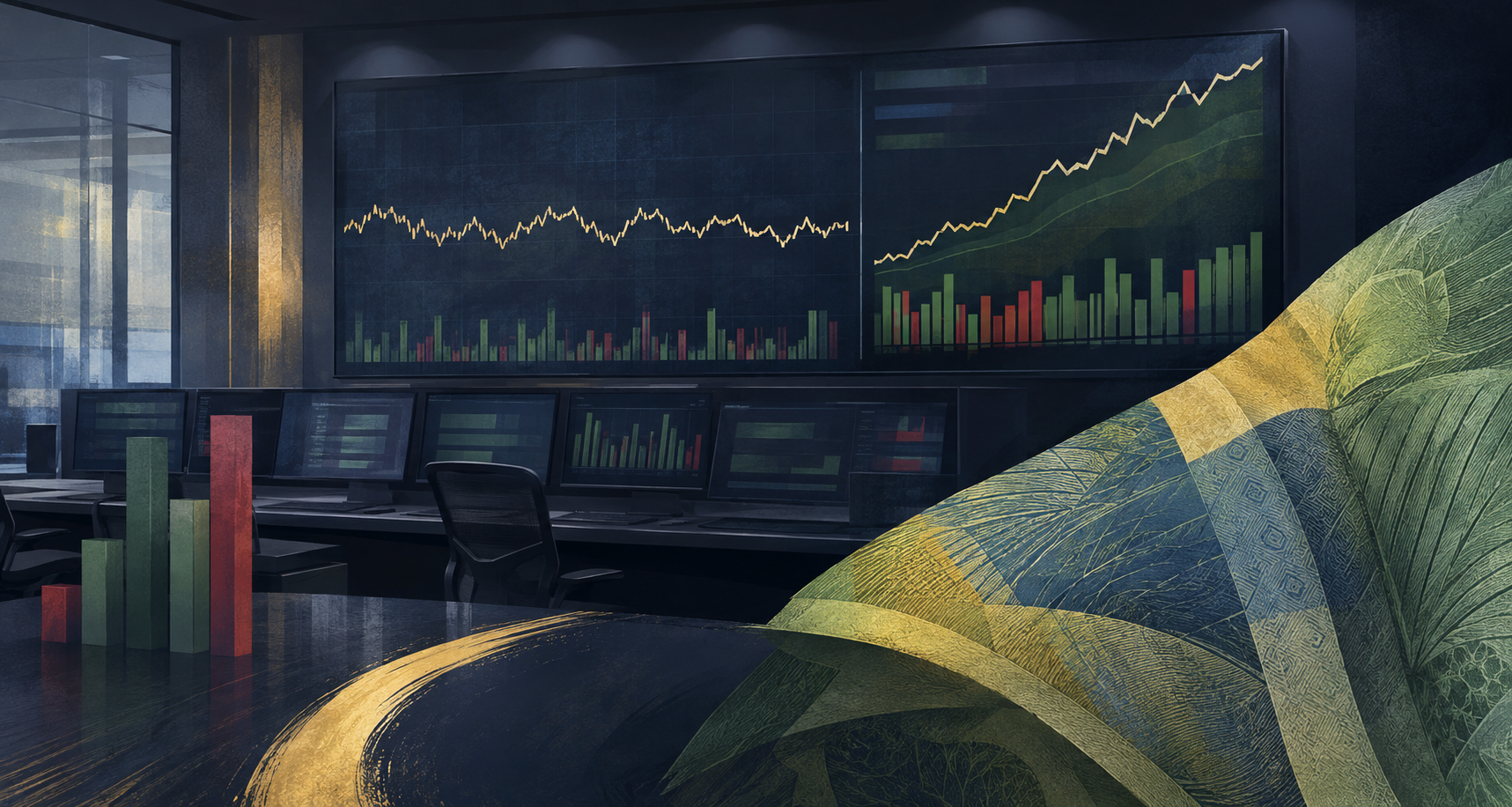 Ilustração editorial de mercado financeiro com gráficos abstratos