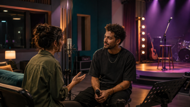 Ilustração editorial de conversa em estúdio de reality musical