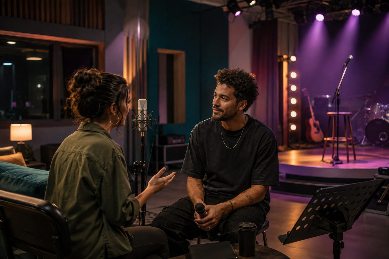 Ilustração editorial de conversa em estúdio de reality musical