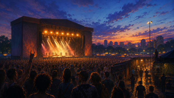 Ilustração editorial de palco e público em festival de música