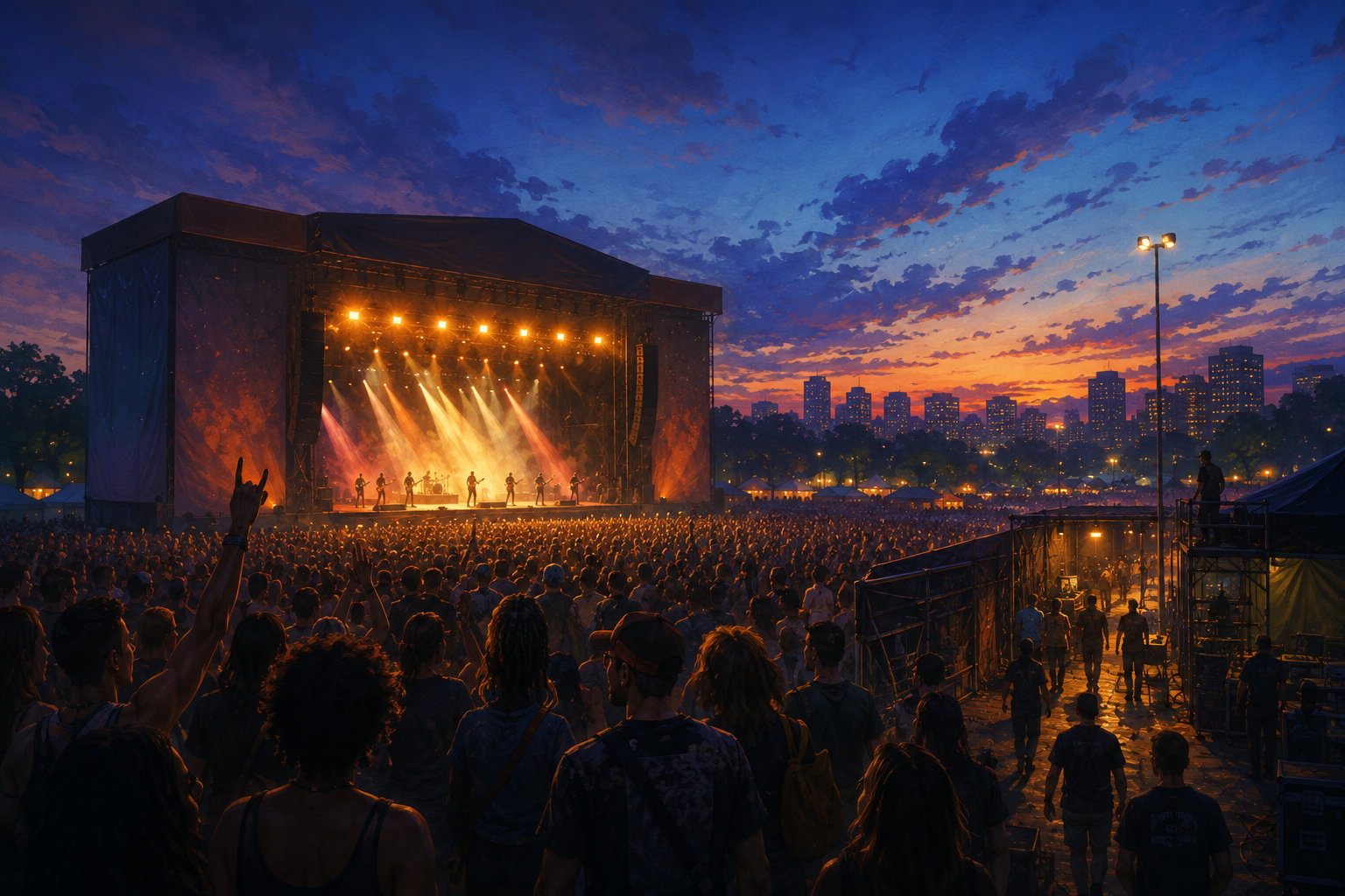 Ilustração editorial de palco e público em festival de música